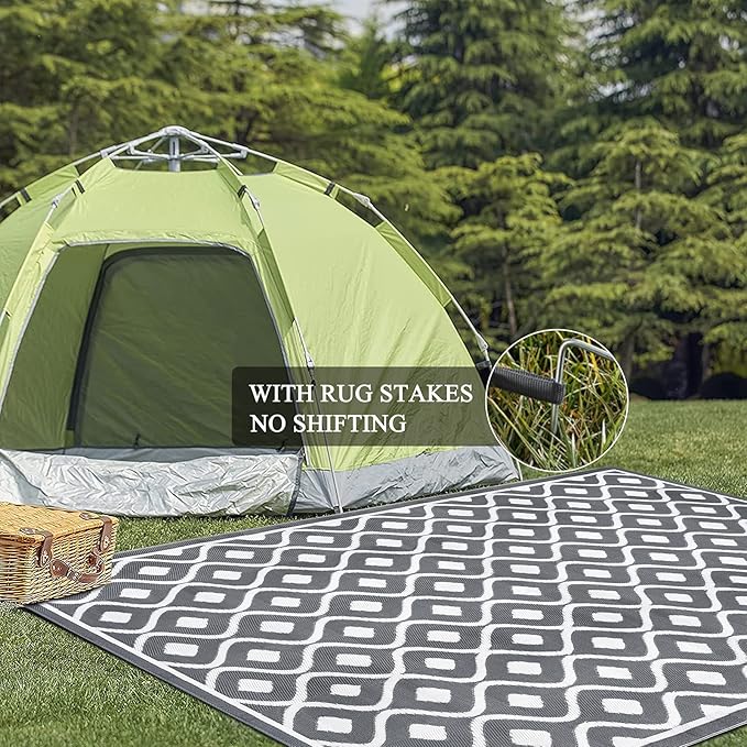 Pauwer Waterproof Outdoor Rug 6x9, Reversible Plastic Straw Patio Camping Rug, Indoor Outdoor RV Mat Carpet for Deck, Camper, Porch, Balcony, Backyard, Picnic, Geometric Grey