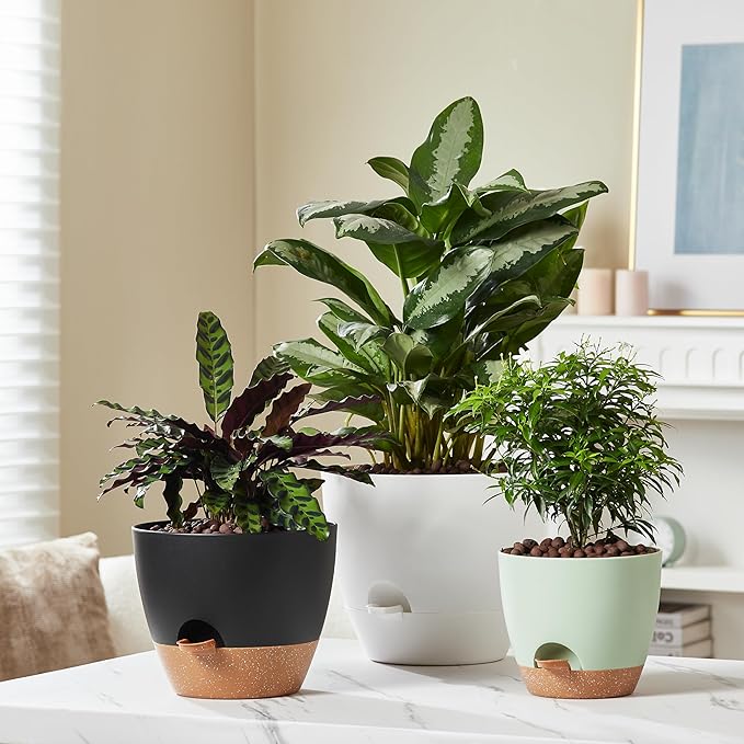 FaithLand 3-Pack Large Planter Pots, 12 10 9 Inch Self Watering Flower Pots for Indoor Outdoor Garden Plants, Black