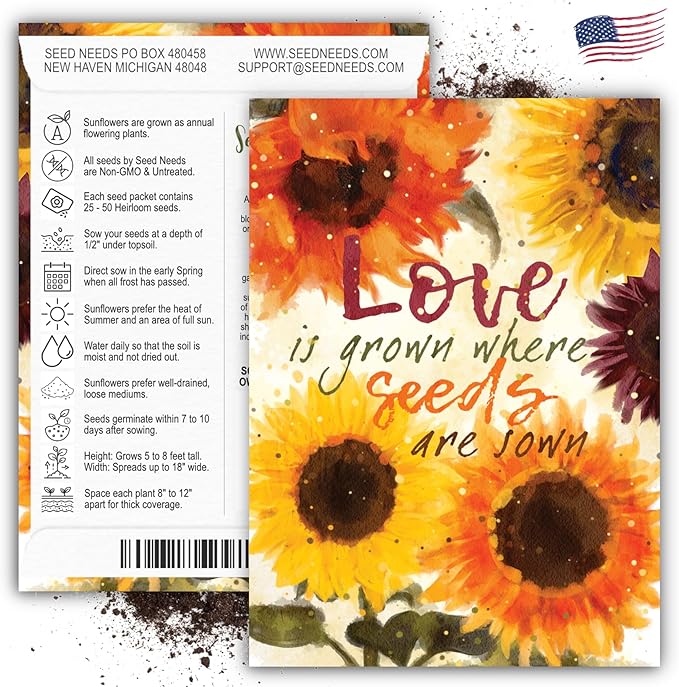 Seed Needs, Sunflower Seed Packet Party Favors - Pre-Filled Packs to Hand Out (Great for Weddings, Bridal Showers, Memorials, Fundraisers & Other Events) Heirloom & Untreated (20 Packets)
