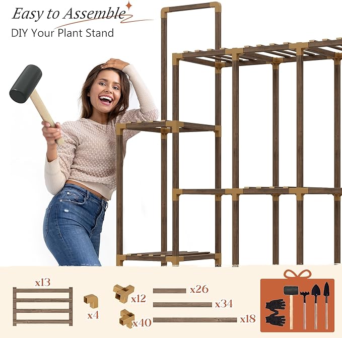 EnHomee Plant Stand Indoor for Multiple Plants with 13 Potted & Double Rod for Hanging Plant Shelf Load-Bearing 570 LBS Wood Plants Shelves 56''W*11.6''D*47''H Transformable