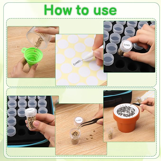 XLSXEXCL120 Slots Seed Storage Organizer Sturdy Seed Organizer Storage Box Plastic Storage Containers, Label Stickers, Funnel, Straight and Curved Tip Tweezers for Flower Vegetable Plants Garden