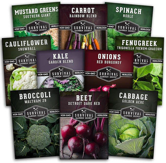 Survival Garden Seeds Spring Vegetable Seed Collection - 10 Packs with Root Veg, Leafy Greens & Cool Weather Essentials for Planting & Gardening- Non-GMO Heirloom Open-Pollinated Variety Pack