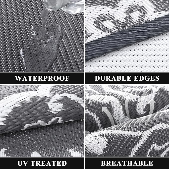 Pauwer Waterproof Outdoor Rug 9x12, Reversible Plastic Straw Patio Camping Rug, Indoor Outdoor RV Mat Carpet for Deck, Camper, Porch, Balcony, Backyard, Picnic, Boho Grey