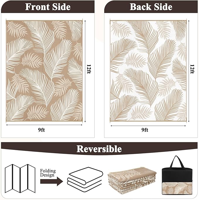 Pauwer Waterproof Outdoor Rug 9x12, Reversible Plastic Straw Patio Camping Rug, Indoor Outdoor RV Mat Carpet for Deck, Camper, Porch, Balcony, Backyard, Picnic, Leaf Brown