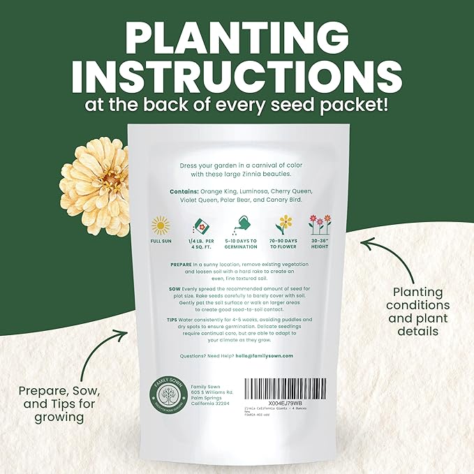 Zinnia California Giants - Bulk 1/4 Pound Pouch - 12,000 Flower Seeds for Planting - Zinnia elegans