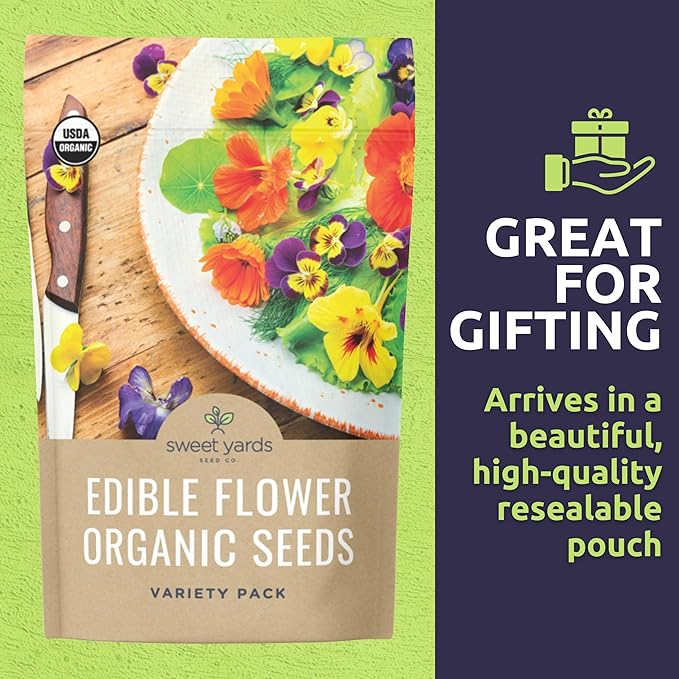 Organic Edible Flower Seeds Variety Pack - 9 Individual Packs - 2025 Season - Lavender, Chamomile, Nasturtium, Calendula and More! for Indoor & Outdoor Planting (Non-GMO, Certified Organic)