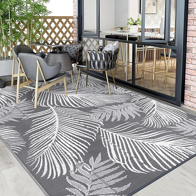 Pauwer Waterproof Outdoor Rug 9x12, Reversible Plastic Straw Patio Camping Rug, Indoor Outdoor RV Mat Carpet for Deck, Camper, Porch, Balcony, Backyard, Picnic, Leaf Grey