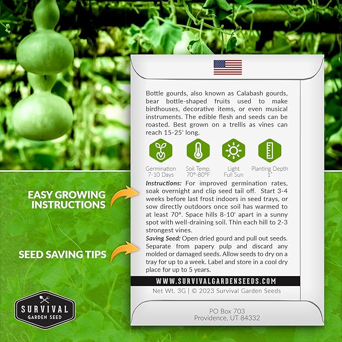 Bottle Gourd Seed for Planting - 2 Packets with Instructions to Plant & Grow Birdhouse or Calabash Gourds in Your Home Vegetable Garden - Non-GMO Heirloom Variety Plant Seed - Survival Garden Seeds