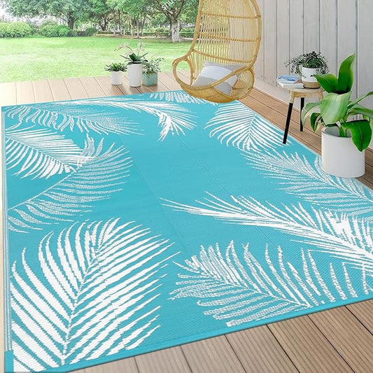 Pauwer Waterproof Outdoor Rug 5x8, Reversible Plastic Straw Patio Camping Rug, Indoor Outdoor RV Mat Carpet for Deck, Camper, Porch, Balcony, Backyard, Picnic, Leaf Teal