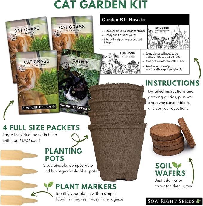 Sow Right Seeds - Heirloom Garden Kit for Cat Lovers - 4 Seed Packets with Instructions, Pots, Potting Soil, and Plant Markers - Start and Grow Catnip and Cat Grass Indoors - Non GMO - Wonderful Gift