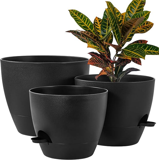 FaithLand 3-Pack Large Planter Pots, 12 10 9 Inch Self Watering Flower Pots for Indoor Outdoor Garden Plants, Black
