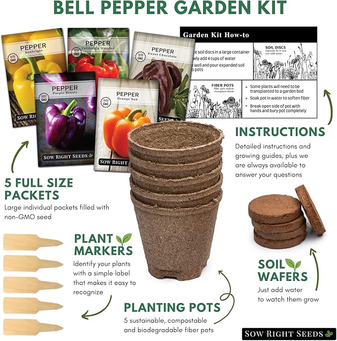Sow Right Seeds - Heirloom Bell Pepper Seeds Vegetable Growing Kit - 5 Bell Pepper Varieties - Pots & Potting Soil - Non-GMO Packets with Instructions to Plant a Productive Garden - Wonderful Gift