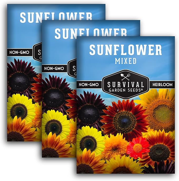 Survival Garden Seeds - Mix of Popular Sunflower Seeds for Planting - 3 Packs with Instructions to Grow Beautiful Flowers in Your Home Vegetable or Flower Garden - Non-GMO Heirloom Varieties