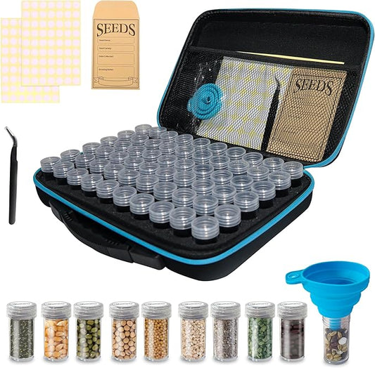 60 Slots Seed Storage Organizer Box with 10 Seed Envelopes, Large Capacity Seed Storage Container with Zipper Bag, Label Stickers, Tweezers, Funnel, Garden Seeds Saver Kit for Vegetable, Flower
