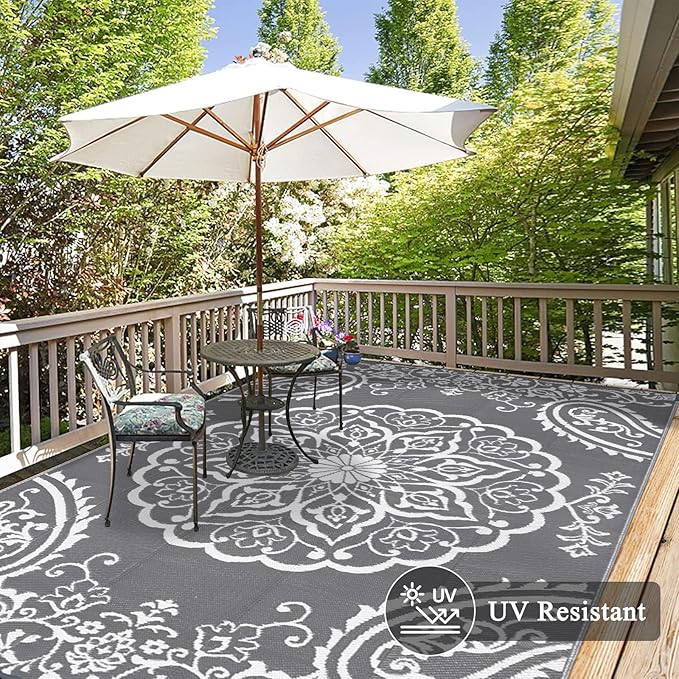 Pauwer Waterproof Outdoor Rug 8x10, Reversible Plastic Straw Patio Camping Rug, Indoor Outdoor RV Mat Carpet for Deck, Camper, Porch, Balcony, Backyard, Picnic, Boho Grey