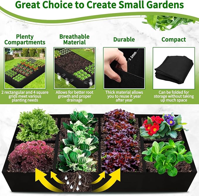 Fabric Raised Garden Bed, Large Garden Grow Bags Rectangle Breathable Planting Containers with 4 Grids Reusable Heavy Pot Garden Tools for Vegetables Flowers Plants (6ft x3ft x1ft, 128 Gallon Vol.)