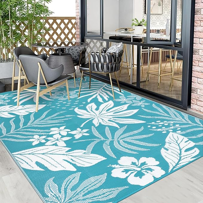 Pauwer Waterproof Outdoor Rug 6x9, Reversible Plastic Straw Patio Camping Rug, Indoor Outdoor RV Mat Carpet for Deck, Camper, Porch, Balcony, Backyard, Picnic, Floral Teal