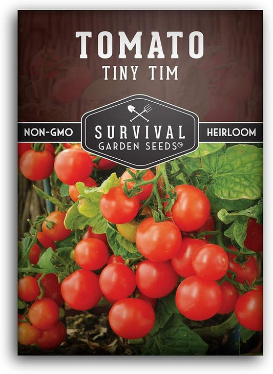 Survival Garden Seeds - Tiny Tim Tomato Seeds for Planting - 1 Pack with Instructions to Grow in Your Home Vegetable Garden - Non-GMO Heirloom Variety