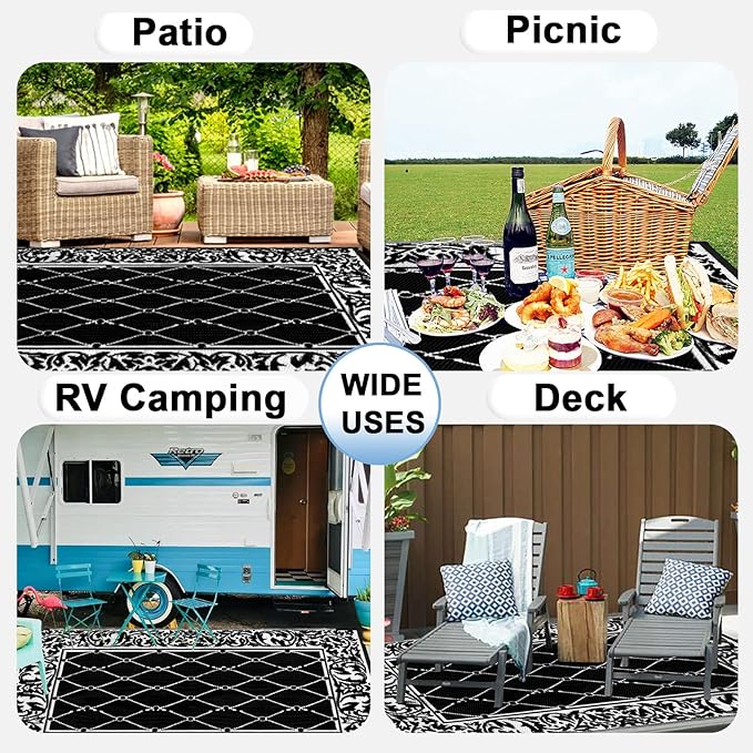 OutdoorLines Indoor Outdoor Rugs for Patio 4x6 ft - Reversible Outside Carpet, Stain & UV Resistant Portable RV Mats, Plastic Straw Rug for Camping, Pool Deck, Porch Rhombus Black & White