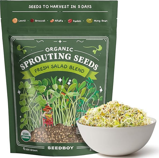 Organic Sprouting Seeds - Salad Blend Variety- Non-GMO, USA Grown Microgreens Mix - Alfalfa, Broccoli, Radish, Mung Bean, Lentil - Makes 8 Quarts of Sprouts, 24 Servings (8 oz) (Salad Blend)