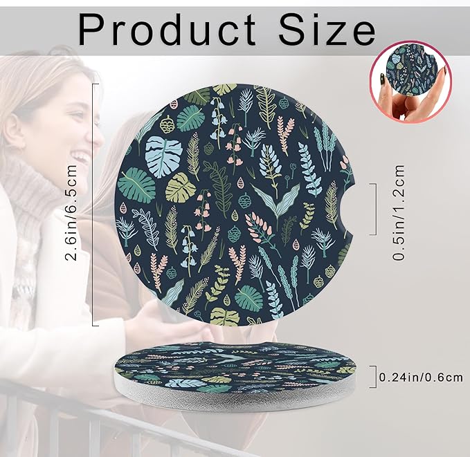 Forest Plants Leaves Seeds Car Coasters,Ceramic Absorbent Cup Holders with Finger Notch & Cork Base Car Assecories for Women/Men 2.6"(2 Pieces)