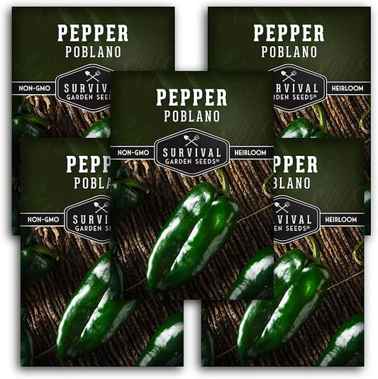 Poblano Pepper Seed for Planting - 5 Packets with Instructions to Plant and Grow Ancho Chiles in Your Home Vegetable Garden - Non-GMO Heirloom Variety - Survival Garden Seeds