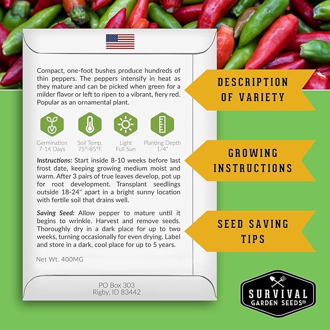 Survival Garden Seeds - Thai Pepper Seed for Planting - 3 Packets with Instructions to Plant & Grow Spicy Hot Bird's Eye Chili Peppers in Your Home Vegetable Garden - Non-GMO Heirloom Variety