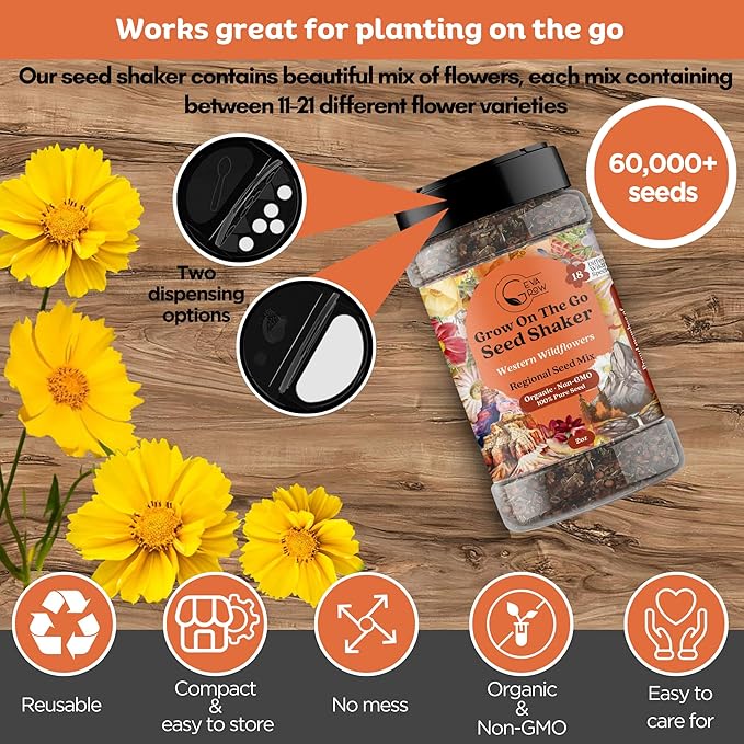 GevaGrow on the Go Seed Shaker - Western Wildflower Seeds Regional Mix - Organic, Non-GMO - 100% Pure Seed - 18 Different Wildflowers Seeds of Annual and Perennial, 2oz