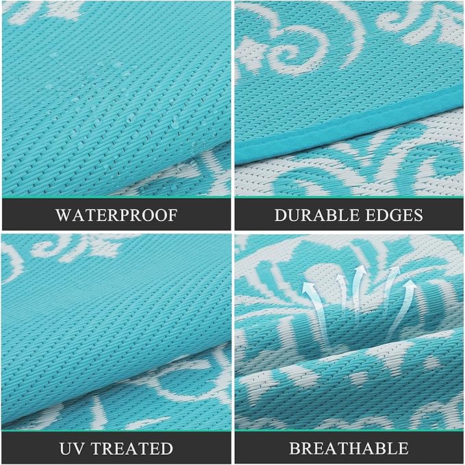 Pauwer Waterproof Outdoor Rug 6ft, Reversible Plastic Straw Patio Camping Rug, Indoor Outdoor RV Mat Carpet for Deck, Camper, Porch, Balcony, Backyard, Picnic, Floral Teal