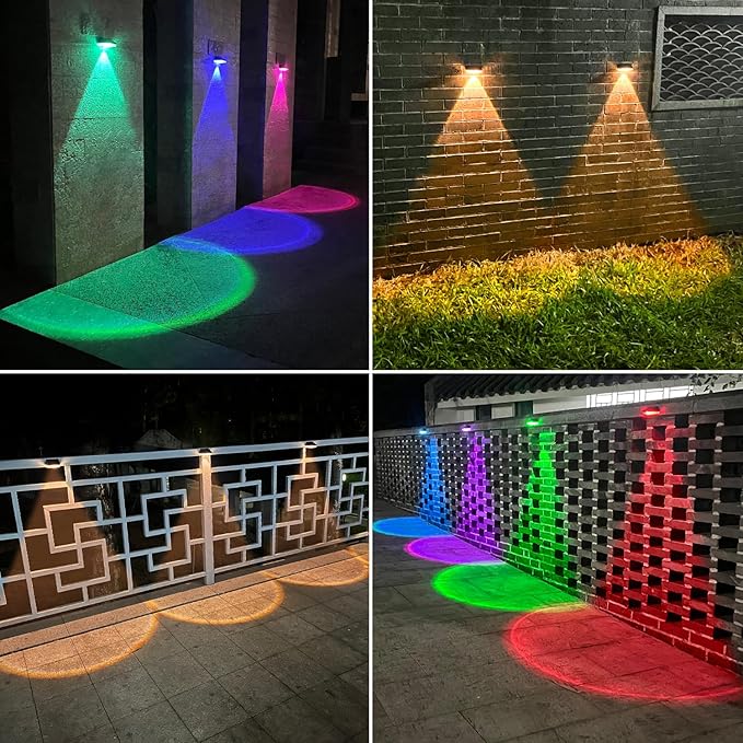 Ellasay Solar Fence Lights Outdoor: IP65 Waterproof RGB Solar Powered with 10 Lighting Modes - Led Lens Wall Decor for Garden Deck Patio Backyard Balcony 12 Pack