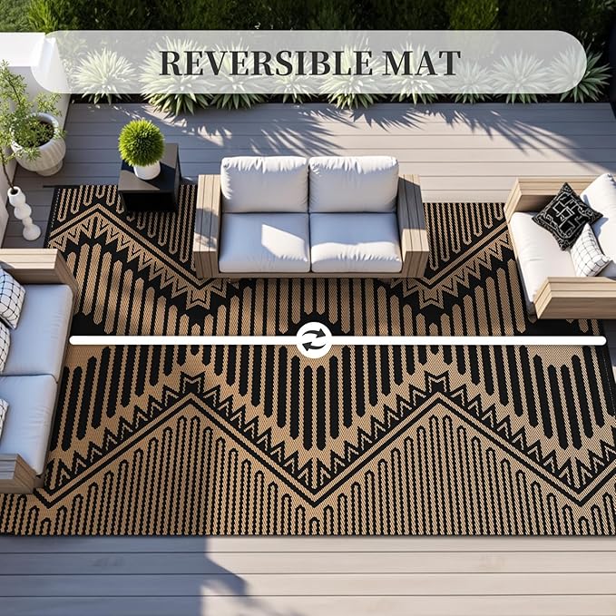 MontVoo Outdoor Rug-Waterproof Patio Rug Mat 5x8 Outdoor Carpet Mat Reversible Plastic Straw Outside Outdoor Rug for RV Camping Picnic Balcony Backyard Pool Deck Porch Modern Boho Black Brown