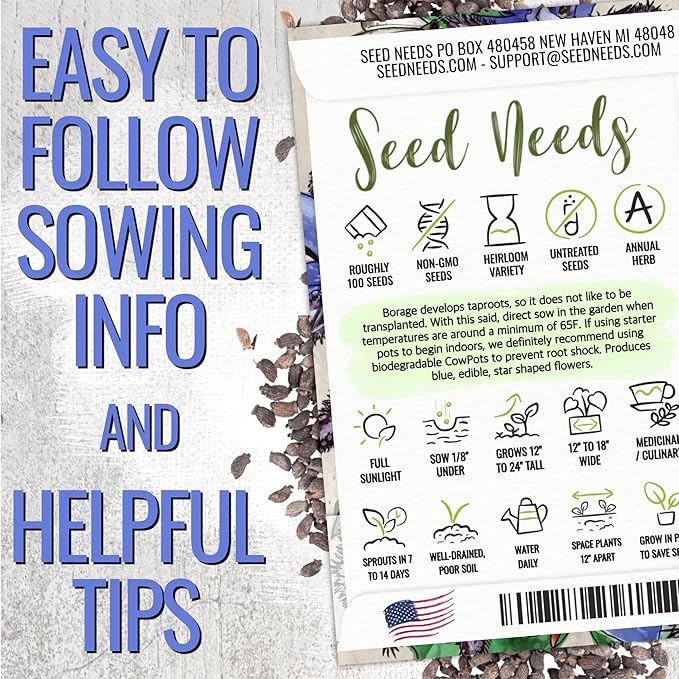 Seed Needs Blue Borage Seeds for Planting - Heirloom, Non-GMO & Untreated - Blue Star Flowers to Attract Bees, Butterflies & Other Pollinators (5 Packs)