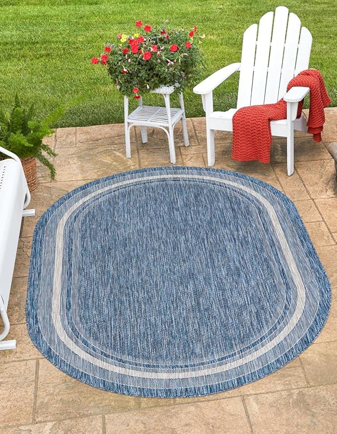 Unique Loom Outdoor Border Collection Area Rug - Soft Border (3' 3" x 5' 3" Oval, Blue/ Ivory)