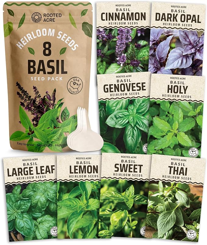 Rooted Acre 8 Basil Seeds Pack - 4000 High Germinating Fresh Basil Seeds - Thai, Genovese, Lemon, Tulsi Holy Basil, & More Culinary Herb Seeds - Non GMO, USA Heirloom Basil Seeds for Planting