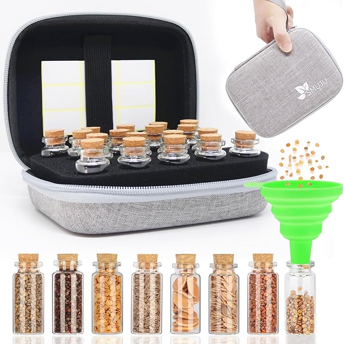 【18 Slots】 Seed Storage Organizer, Sturdy Seed Organizer Storage Box with Dual Zipper Bag and 21Pcs Label Stickers, Glass Seed Storage Container for Flower Vegetable Plants Garden Seeds Saving
