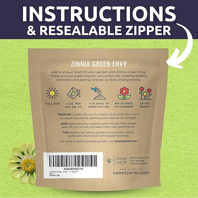 Zinnia Green Envy - Large 1 Ounce Packet - 4,000 Flower Seeds for Planting - Zinnia elegans