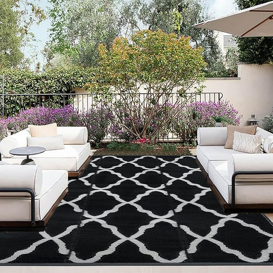OutdoorLines Outdoor Plastic Area Rugs for Patio 6x9 ft - Reversible Outside Carpet, Stain & UV Resistant RV Mats, Straw Rug for Camping, Deck Garden, Porch and Balcony, Moroccan Black & Light Grey