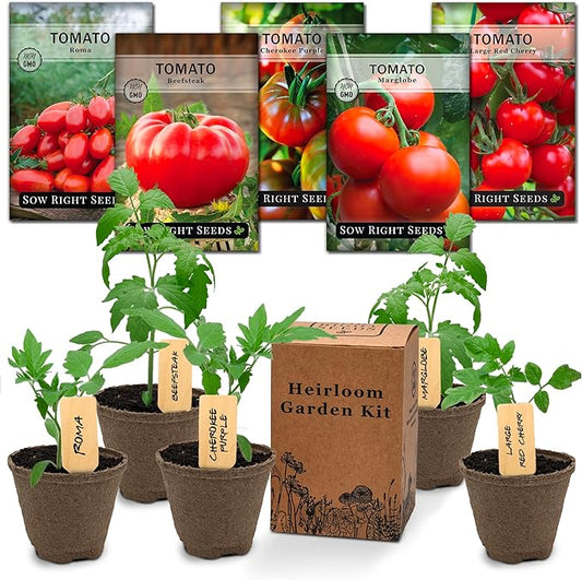 Sow Right Seeds - Heirloom Tomato Seed Grow Kit - Tomato Growing Kit with 5 Seed Packets, Instructions, Pots, Potting Soil, Markers - Start 5 Tomato Varieties Indoors - Non GMO - Great Gardening Gift