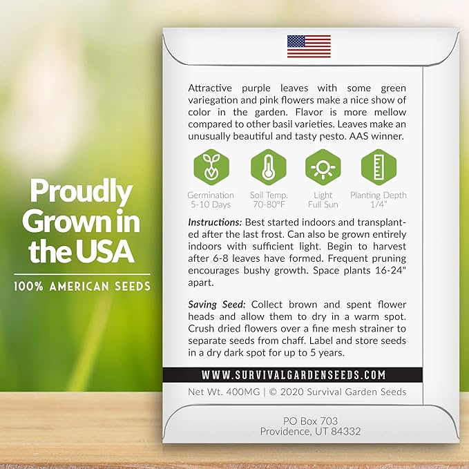 Survival Garden Seeds - Opal Basil Seed for Planting - 3 Packs with Instructions to Plant and Grow Delicious & Unique Purple Basil Herb Plants in Your Home Vegetable Garden - Non-GMO Heirloom Variety