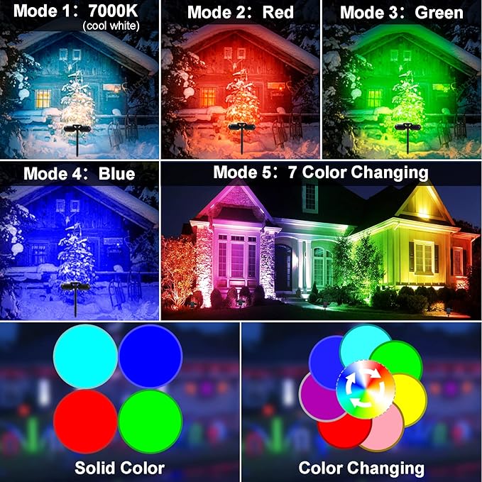 EMANER Solar Spot Lights for Outside, Dusk to Dawn Color Changing Solar Lights, 5 Light Modes Landscape Lighting with Stake, Solar Pathway Lights for Halloween Christmas Outdoor Decorations, 1Pack