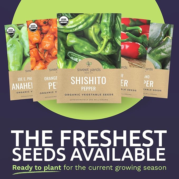 Organic Pepper Seeds (Sweet and Hot) Variety Pack - 14 Individual Packs - 2025 Season - Cayenne, Orange Habanero, Shishito and More! for Indoor & Outdoor Planting (Non-GMO, Certified Organic)