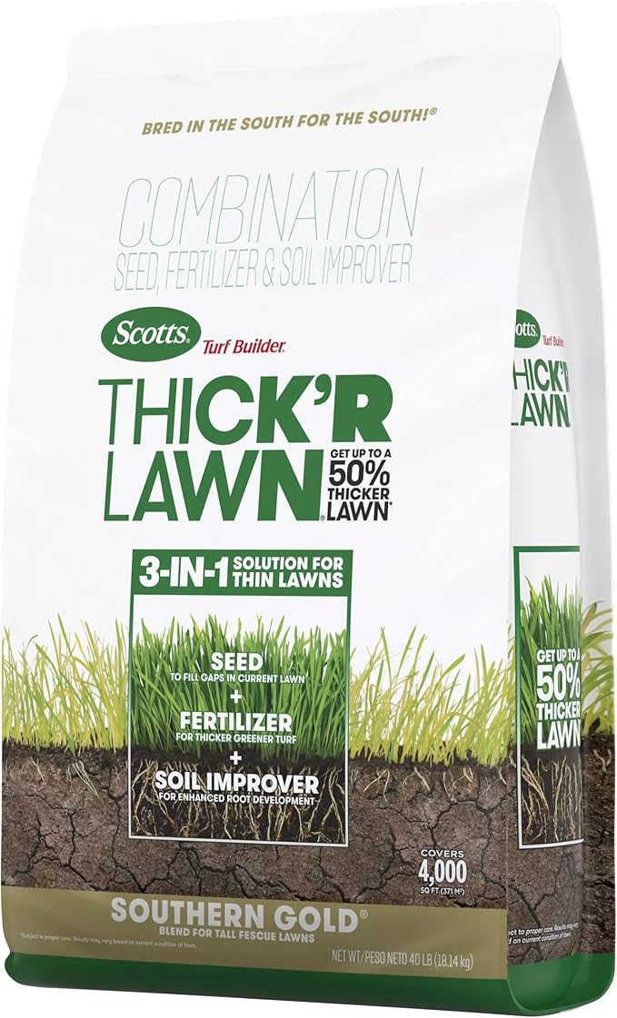 Scotts Turf Builder Thick'R Lawn Southern Gold Blend for Tall Fescue Lawns, Grass Seed, Fertilizer, and Soil Improver, 40 lb.