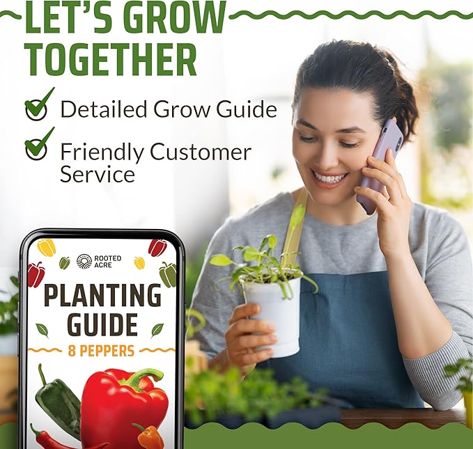 Rooted Acre 8 Varieties Pepper Seeds - Non GMO, USA, Heirloom Hot Pepper Seeds inc Ghost and Jalapeno - High Germinating Pepper Seeds for Planting Home Garden: Serrano, California Wonder, and More