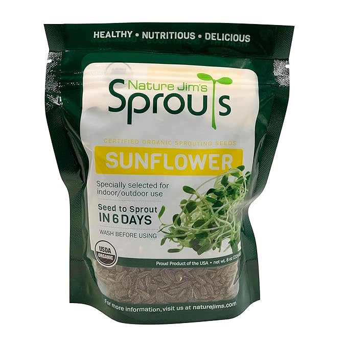 Nature Jims Sprouts Sunflower Seeds - Certified Organic Black Oil Sunflower Sprouts for Soups - Raw Bird Food Seeds - Non-GMO, Chemicals-Free - Easy to Plant, Fast Sprouting Sun Flower Seeds - 8 Oz