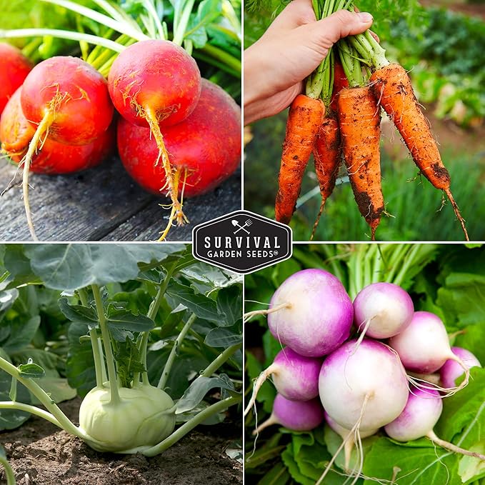 Survival Garden Seeds Root Vegetable Seed Collection - 6 Packs: Danvers Carrot, Purple Top Turnip, French Breakfast Radish, Kohlrabi, Rutabaga, Golden Beet - Non-GMO Heirloom Open-Pollinated Seeds