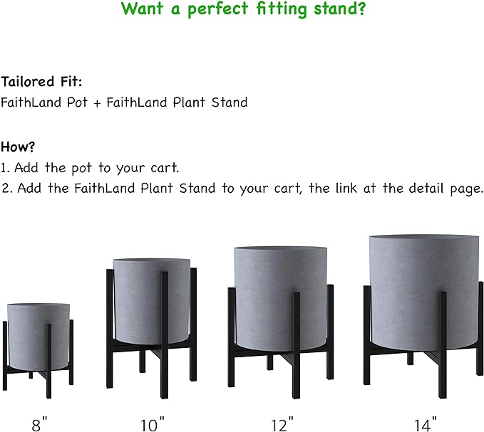 FaithLand Plant Pot 12 inch - Perfectly Fits Mid-Century Modern Plant Stand - Drainage Plug - Gray Planter Pot
