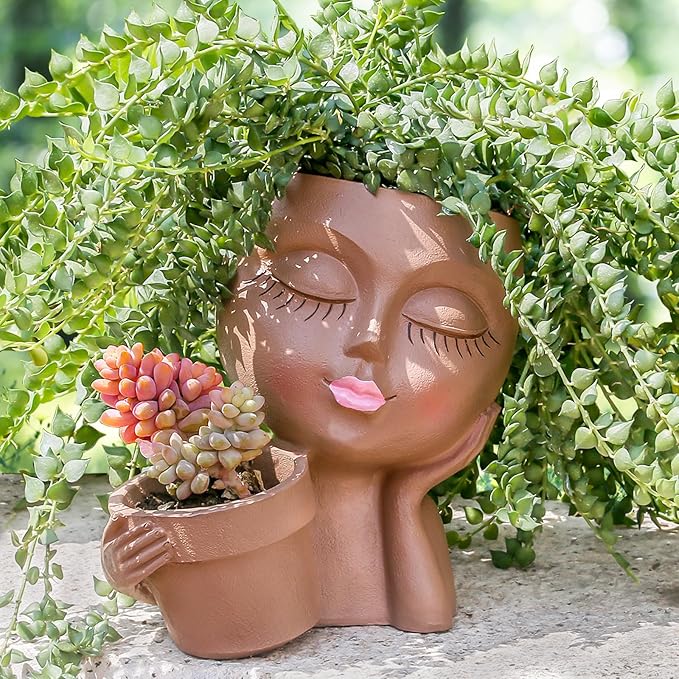 Face Planter Pots Head Planters for Indoor Outdoor Plants - Double Plant Pots for Flower Succulent with Drainage Holes - Ideal Present Ideas(Black Lady)