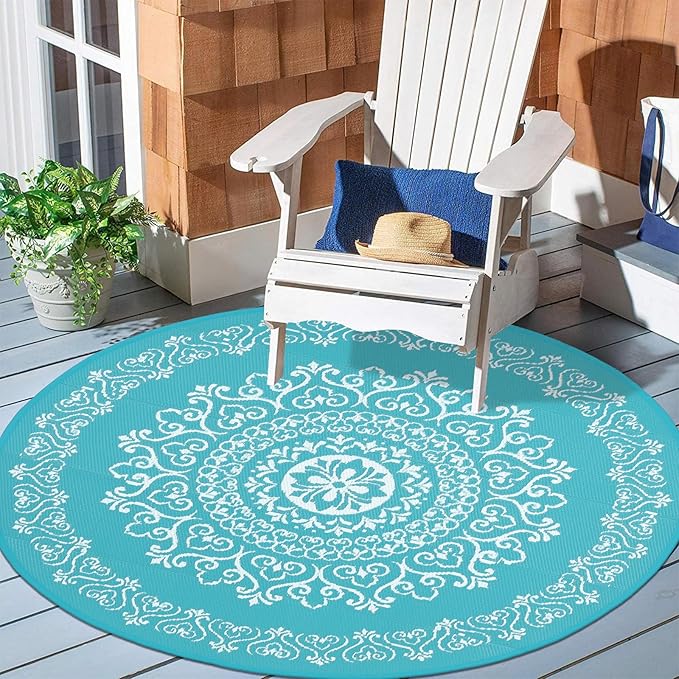 Pauwer Waterproof Outdoor Rug 6ft, Reversible Plastic Straw Patio Camping Rug, Indoor Outdoor RV Mat Carpet for Deck, Camper, Porch, Balcony, Backyard, Picnic, Floral Teal