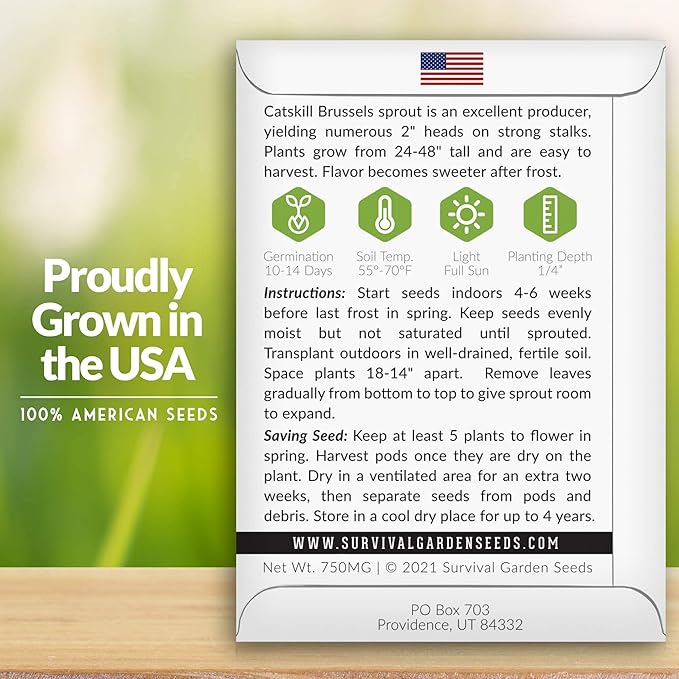 Survival Garden Seeds - Catskill Brussels Sprouts Seed for Planting - 5 Packs with Instructions to Plant and Grow Tasty Cruciferous Vegetables in Your Home Vegetable Garden - Non-GMO Heirloom Variety