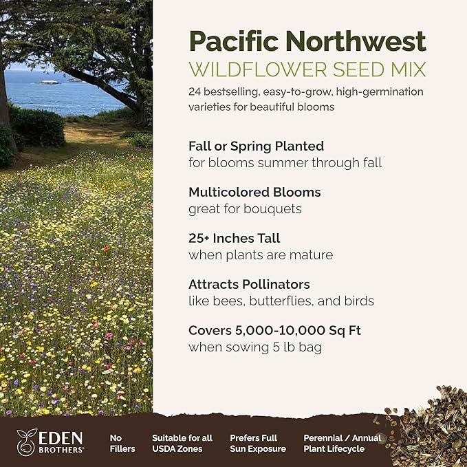 Eden Brothers Pacific Northwest Wildflower Mixed Seeds for Planting, 5 lb, 2,400,000+ Seeds with Cornflower, CA Bluebell | Attracts Pollinators, Plant in Spring or Fall, Zones 3, 4, 5, 6, 7, 8, 9, 10
